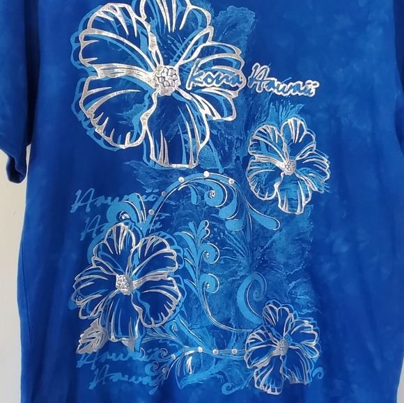 GUAVA BEACH Women M Kona Hawaii Royal Blue Silver Floral Tie Dye T Shirt SS EUC - Picture 3 of 11